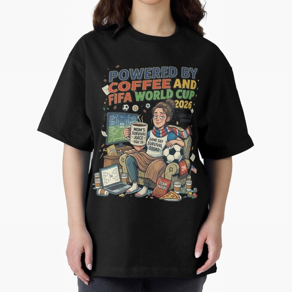 Soccer Mom Powered By Coffee And FIFA World Cup 2026 Funny USA Football Design Oversized T-Shirt Upgrade the FIFA World Cup 2026 USA Canada Mexico Journey through Messi and Cristiano Ronaldo Highlights, Brazil, Portugal and Argentina Pride, Vintage