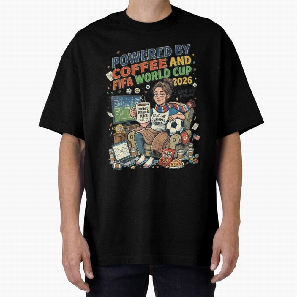 Soccer Mom Powered By Coffee And FIFA World Cup 2026 Funny USA Football Design Oversized T-Shirt Upgrade the FIFA World Cup 2026 USA Canada Mexico Journey through Messi and Cristiano Ronaldo Highlights, Brazil, Portugal and Argentina Pride, Vintage