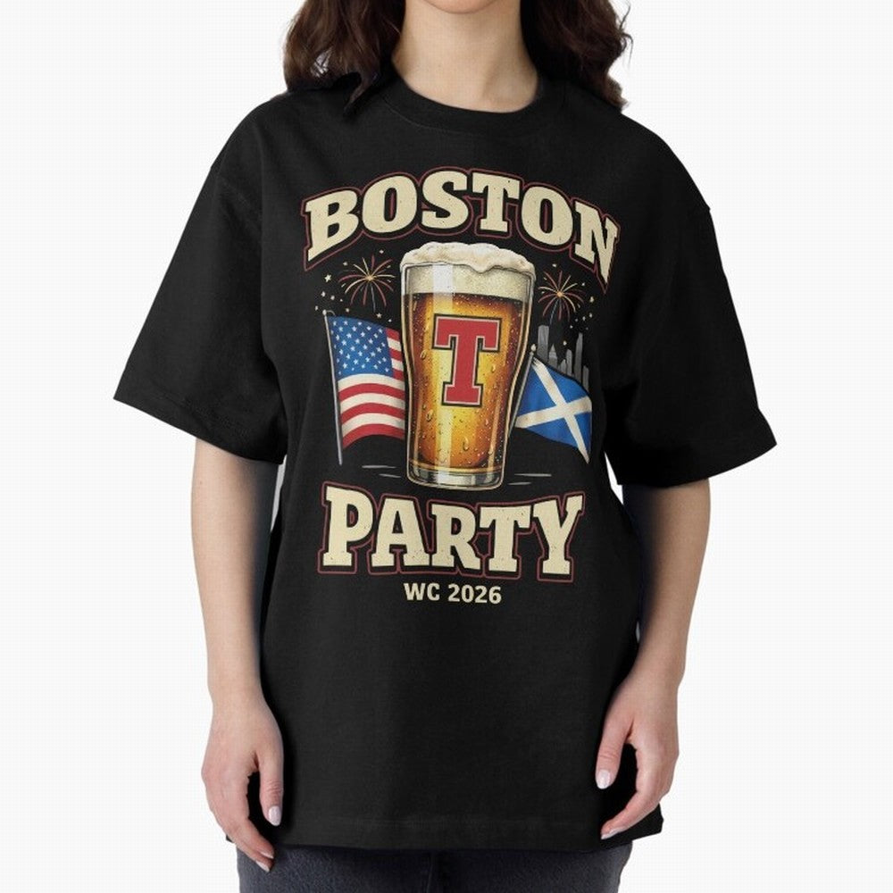 Boston T?Party Scotland Football WC 2026 Oversized T-Shirt Experience FIFA World Cup 2026 Spirit, Highlighting England, Messi, Neymar and Mbappe, Football History, Final Match Energy, Crowd Noise and Once in a Lifetime Moments; Made for Die Hard
