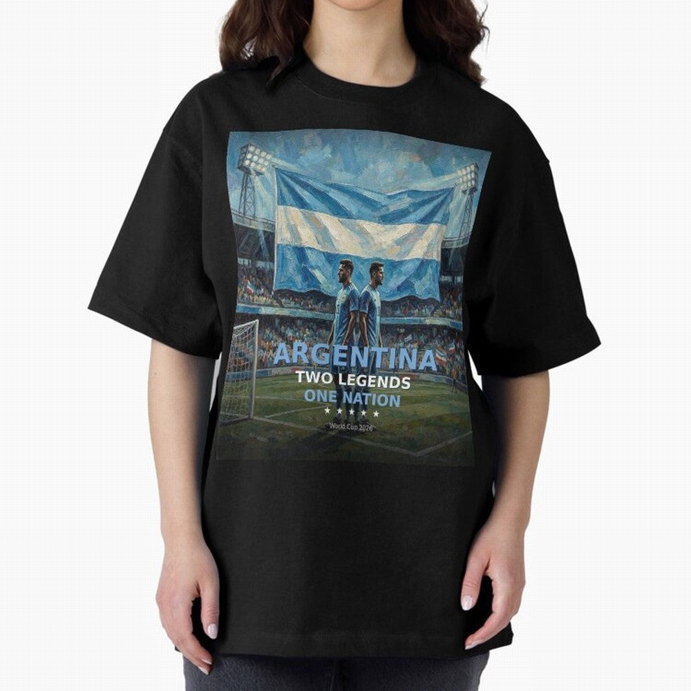Argentina Two Legends One Nation - World Cup 2026 Soccer Fan Tee Oversized T-Shirt Follow Every Goal of Match Day Hype around FIFA World Cup 2026 Group Stage, Mbappe and Neymar, Portugal, Football History, Final Match Energy, Crowd Noise and Once