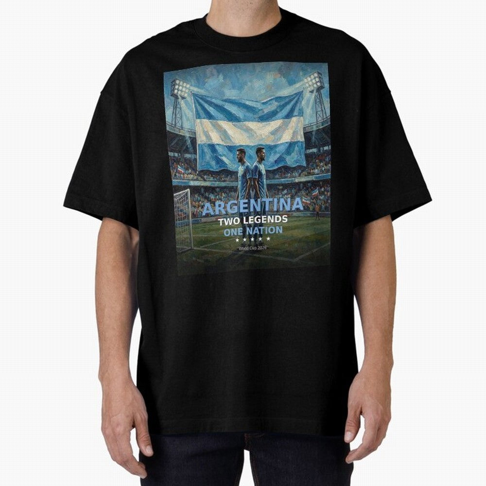 Argentina Two Legends One Nation - World Cup 2026 Soccer Fan Tee Oversized T-Shirt Follow Every Goal of Match Day Hype around FIFA World Cup 2026 Group Stage, Mbappe and Neymar, Portugal, Football History, Final Match Energy, Crowd Noise and Once