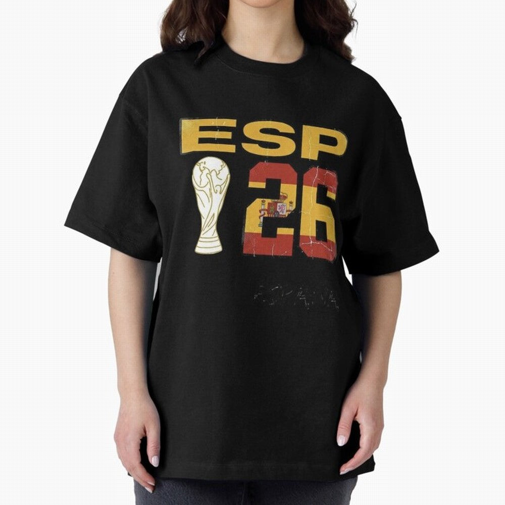 Spain Football World Cup 2026 - Vintage ESP 26 Flag Design Oversized T-Shirt Turn Football Passion into Global Football Passion for FIFA World Cup 2026 USA Canada Mexico, Made for Messi, Neymar and Mbappe, England, Goal Celebration Energy,