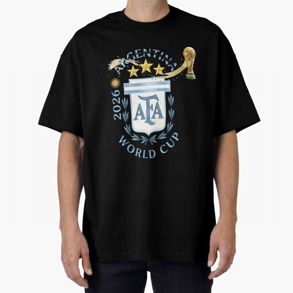 Argentina Football Champion World Cup 2026 - Gold Stars Watercolor Oversized T-Shirt Show Championship Spirit for Match Day Hype around FIFA World Cup 2026 Group Stage, Neymar, Haaland and Cristiano Ronaldo, Argentina, Retro Football Energy, Iconic