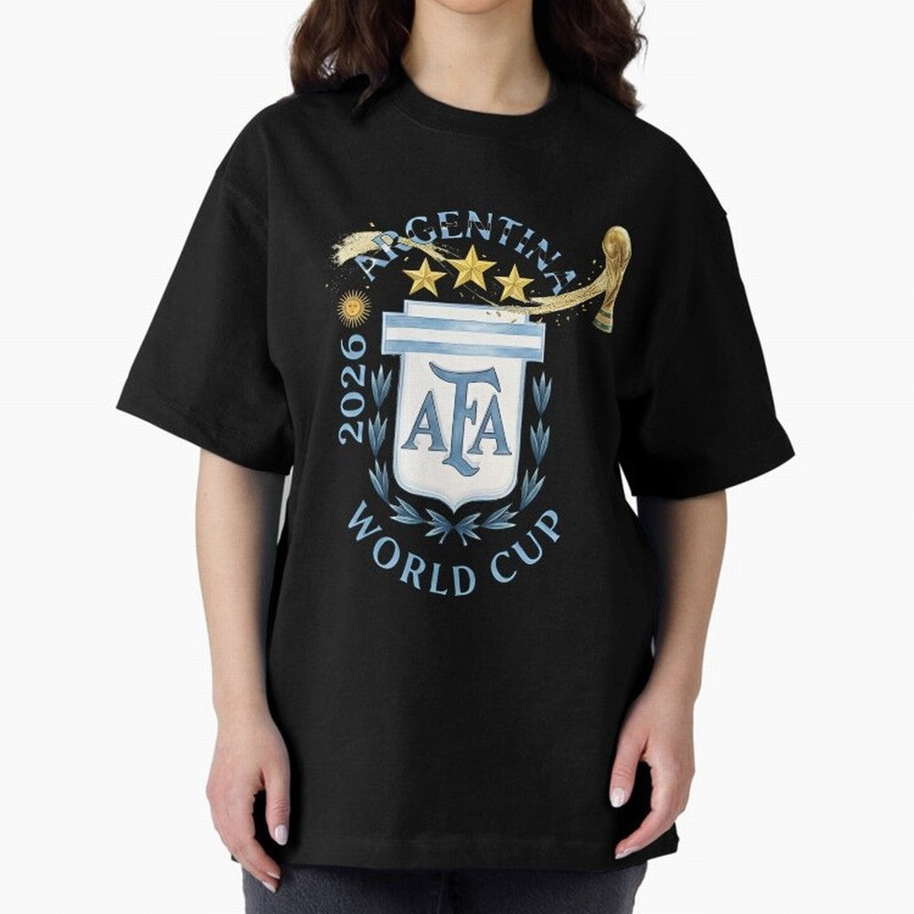 Argentina Football Champion World Cup 2026 - Gold Stars Watercolor Oversized T-Shirt Show Championship Spirit for Match Day Hype around FIFA World Cup 2026 Group Stage, Neymar, Haaland and Cristiano Ronaldo, Argentina, Retro Football Energy, Iconic
