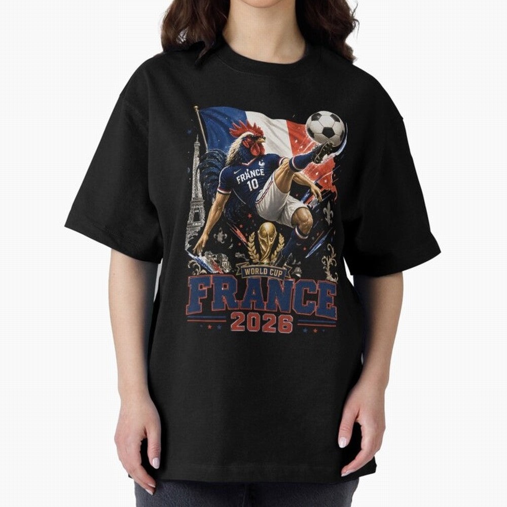 France Football World Cup 2026 Retro Rooster Kick - Les Bleus Oversized T-Shirt Bring Legendary Rivalry Energy to Match Day Hype around FIFA World Cup 2026, Cristiano Ronaldo, Brazil, Tournament Hype, Historic Matchups, Family Viewing Parties and