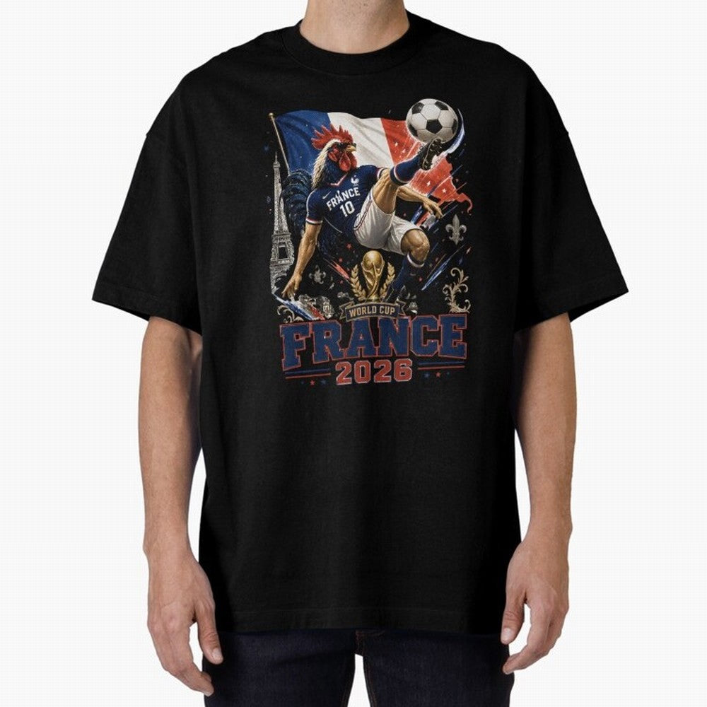 France Football World Cup 2026 Retro Rooster Kick - Les Bleus Oversized T-Shirt Bring Legendary Rivalry Energy to Match Day Hype around FIFA World Cup 2026, Cristiano Ronaldo, Brazil, Tournament Hype, Historic Matchups, Family Viewing Parties and