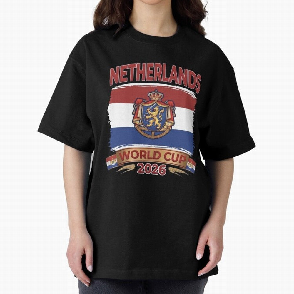 Netherlands World Cup 2026 Coat of Arms Football Design Oversized T-Shirt Carry the Colors and Pride of Match Day Hype around FIFA World Cup 2026 USA Canada Mexico, Messi and Cristiano Ronaldo, Germany, Championship Spirit, Famous Goals, Roaring