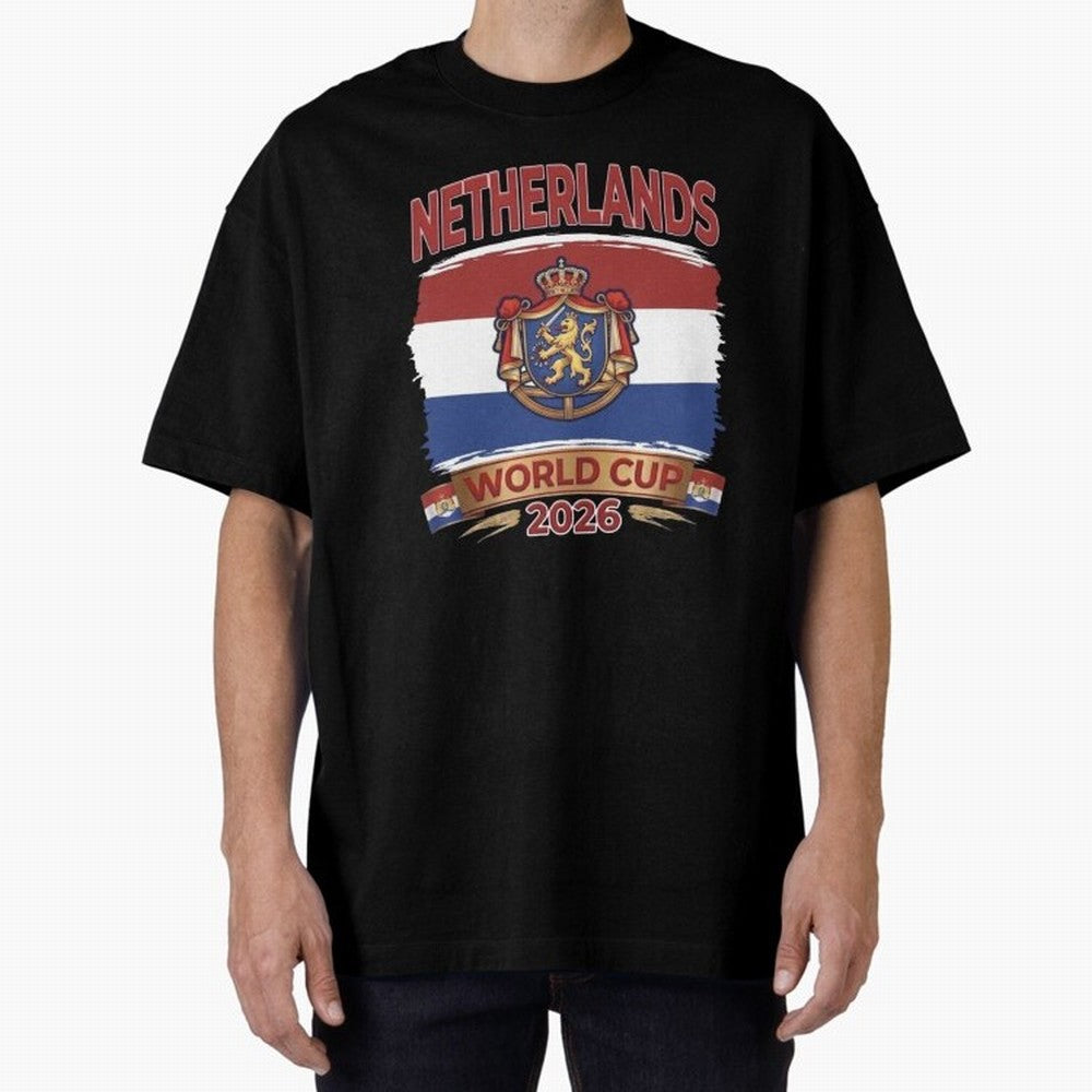 Netherlands World Cup 2026 Coat of Arms Football Design Oversized T-Shirt Carry the Colors and Pride of Match Day Hype around FIFA World Cup 2026 USA Canada Mexico, Messi and Cristiano Ronaldo, Germany, Championship Spirit, Famous Goals, Roaring