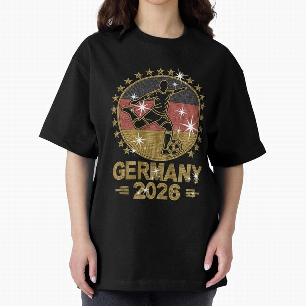 Germany Soccer World Cup 2026 Glitter Style Fan Art Oversized T-Shirt Celebrate Every Goal in the FIFA World Cup 2026 Journey through Haaland and Mbappe Highlights, Portugal, Spain and Germany Pride, Tournament Hype, Historic Matchups, Family