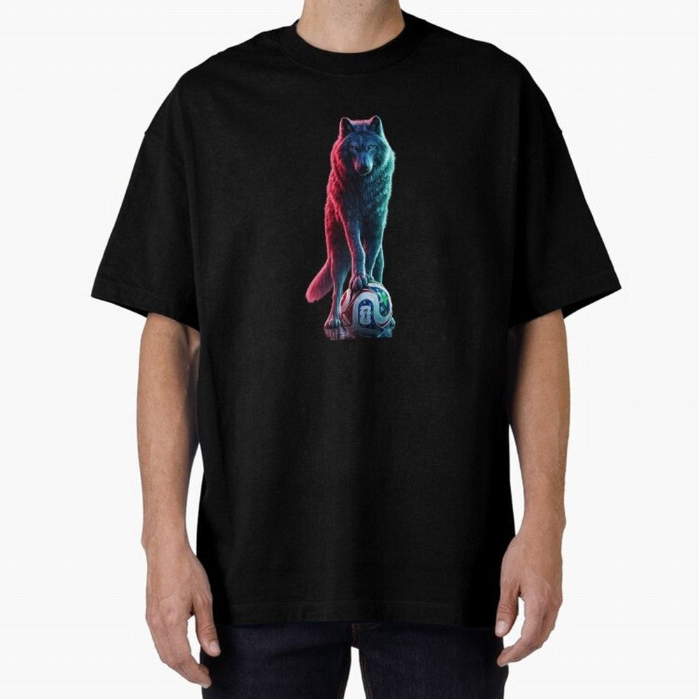 Neon Alpha Wolf with Soccer Ball | Futuristic Sports Fantasy Art Oversized T-Shirt Celebrate Golden Goal Energy in Match Day Hype around FIFA World Cup 2026 USA Canada Mexico, Messi, England, France and Netherlands, Football History, Final Match