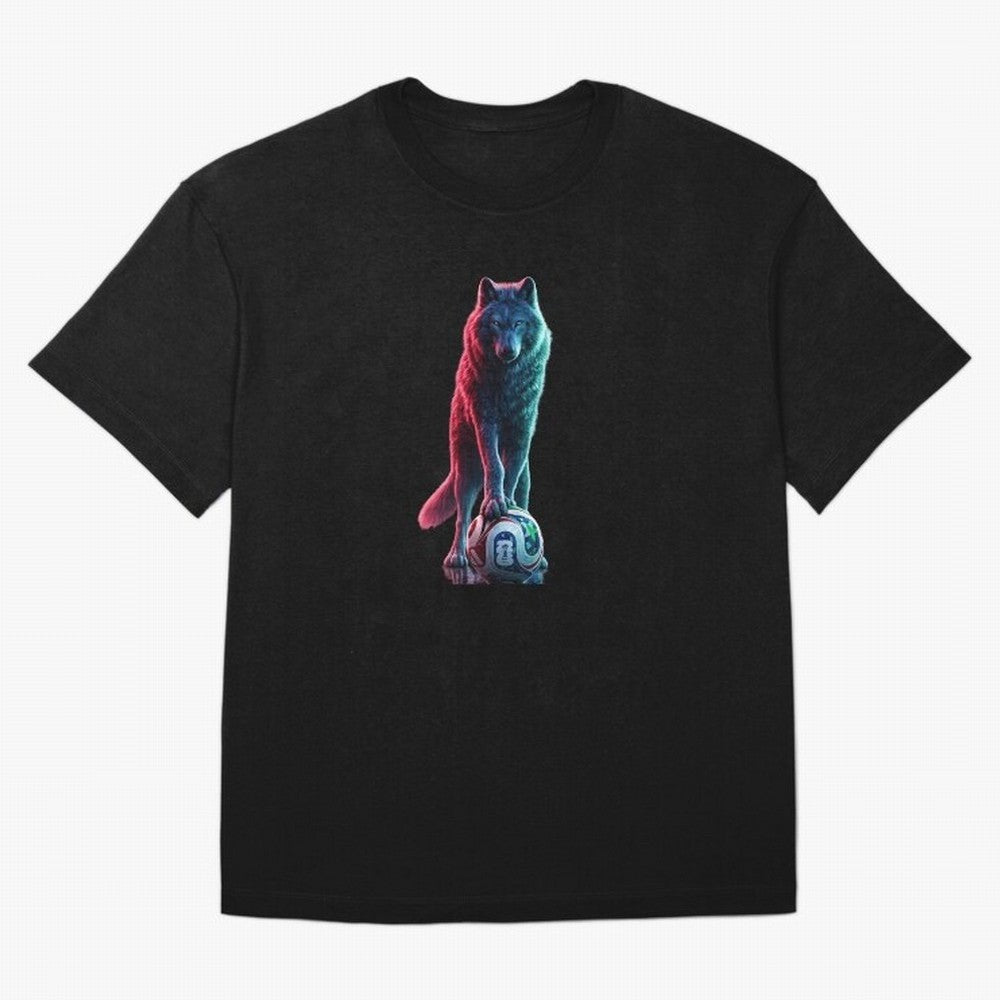 Neon Alpha Wolf with Soccer Ball | Futuristic Sports Fantasy Art Oversized T-Shirt Celebrate Golden Goal Energy in Match Day Hype around FIFA World Cup 2026 USA Canada Mexico, Messi, England, France and Netherlands, Football History, Final Match