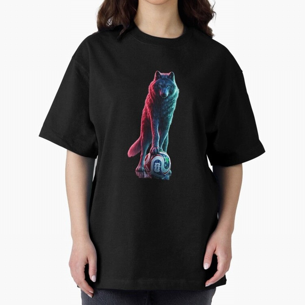 Neon Alpha Wolf with Soccer Ball | Futuristic Sports Fantasy Art Oversized T-Shirt Celebrate Golden Goal Energy in Match Day Hype around FIFA World Cup 2026 USA Canada Mexico, Messi, England, France and Netherlands, Football History, Final Match