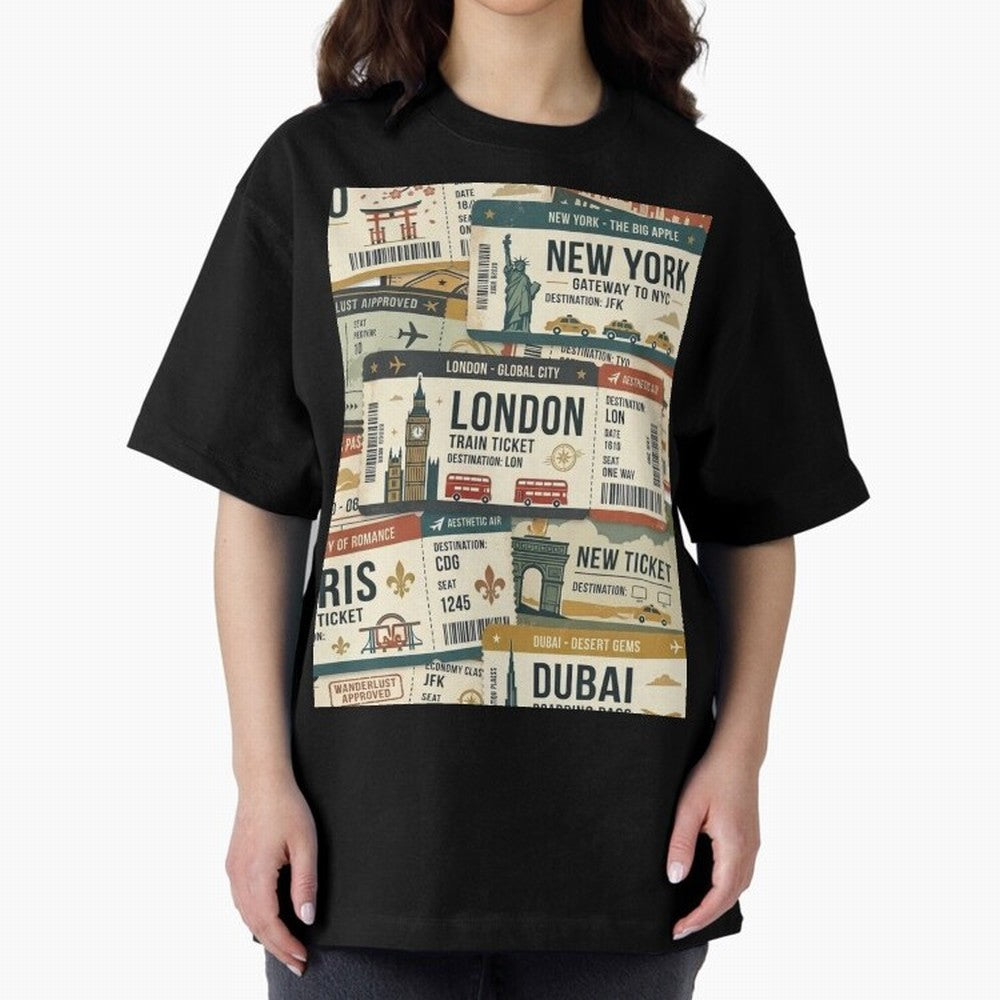 World Travel Ticket Aesthetic Collage Global City Vibes Oversized T-Shirt Bring Stadium Energy to Global Football Passion for FIFA World Cup 2026, Featuring Messi, Neymar and Mbappe, Brazil, Classic Soccer Heritage, Championship Pressure, Fan
