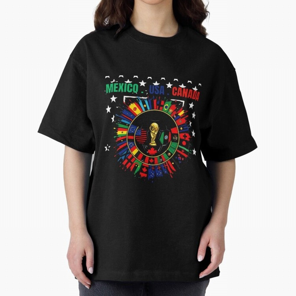 Multinational Nations Flags Badge Oversized T-Shirt Make Your Look Match FIFA World Cup 2026 USA Canada Mexico for Fans of Mbappe and Neymar and England, Bringing Global Supporter Spirit, Legendary Goals, National Colors and Tournament Celebration;