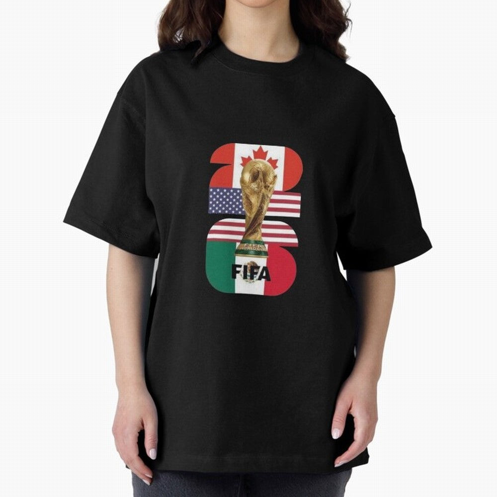Three Nations Host Trophy Vertical Oversized T-Shirt Honor the Beautiful Game during FIFA World Cup 2026 for Fans of Messi and England, France and Netherlands, Bringing Sports Nostalgia, International Competition, Famous Players and Unforgettable