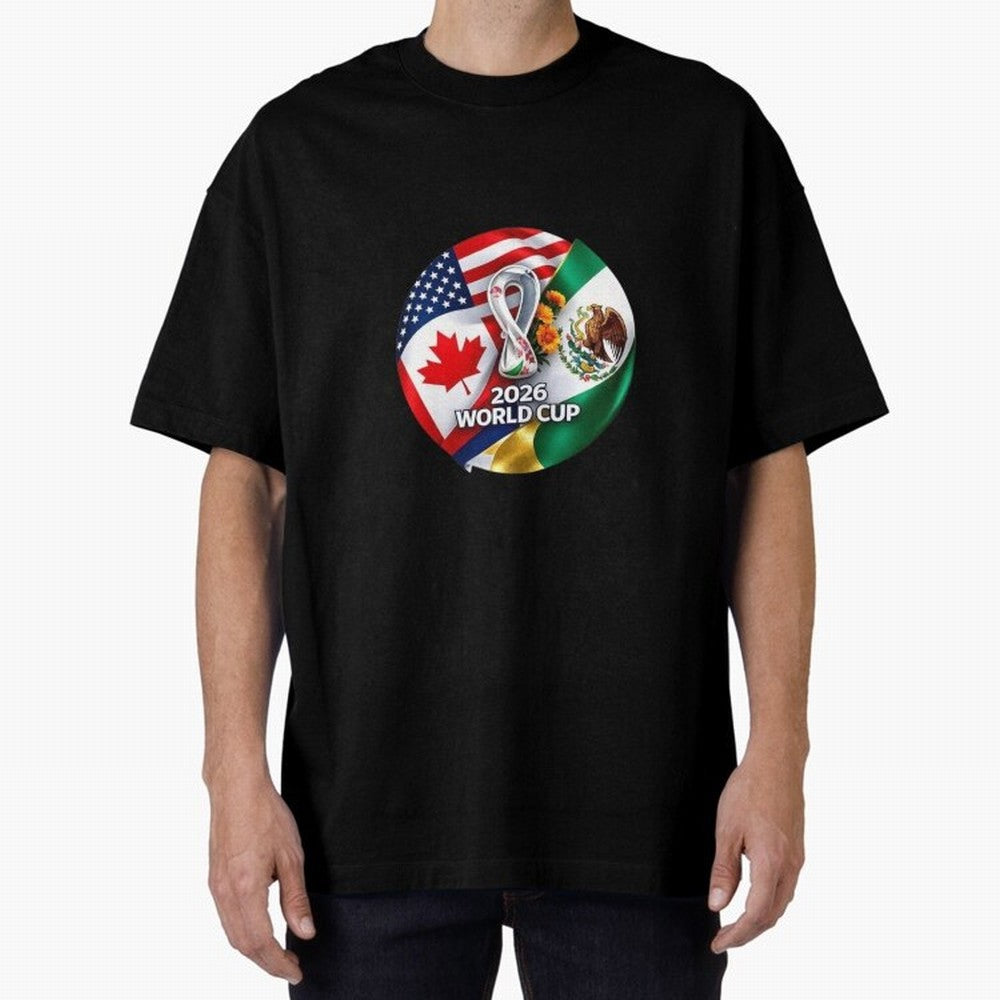 Host Trio Flags Circular Emblem Oversized T-Shirt Showcase Match Day Hype around FIFA World Cup 2026, Mbappe, England and Germany, Game Day Rituals, Football Legends, Country Pride and the Road to the Final; Ideal for Football Dads, Football Moms,