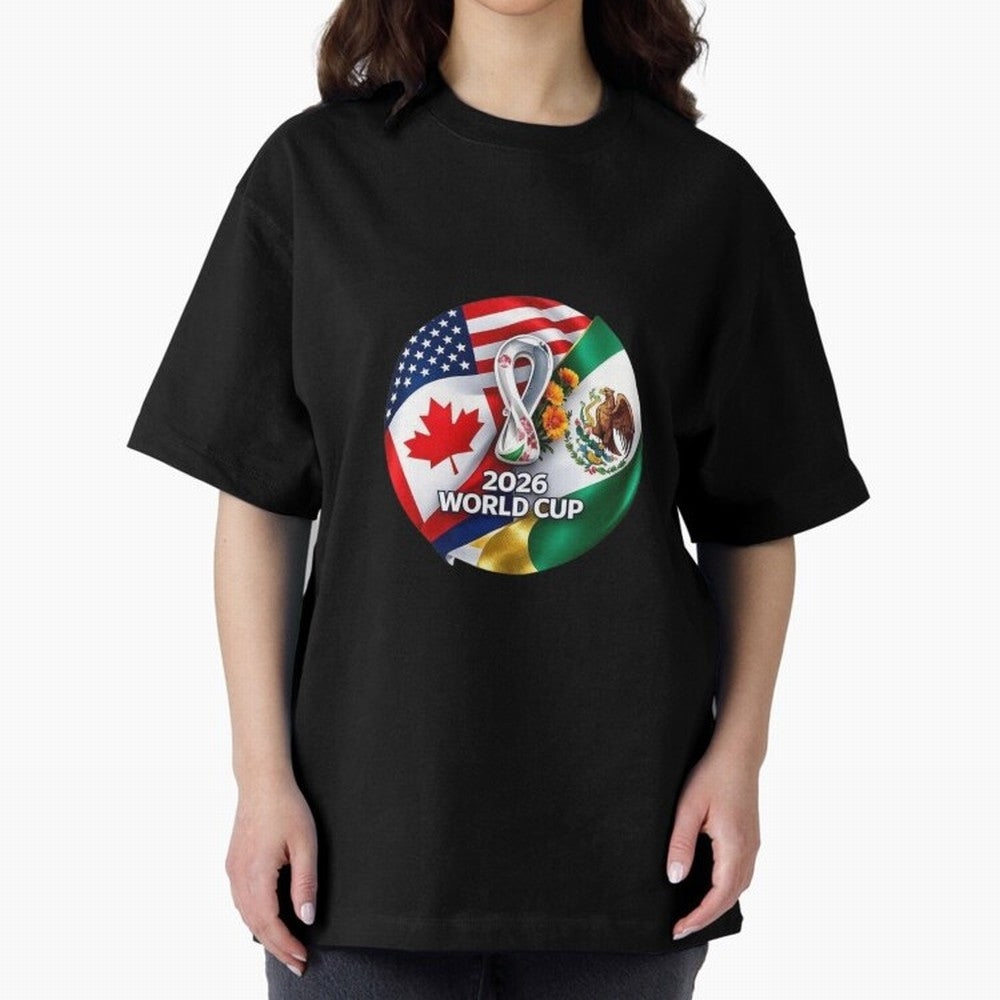 Host Trio Flags Circular Emblem Oversized T-Shirt Showcase Match Day Hype around FIFA World Cup 2026, Mbappe, England and Germany, Game Day Rituals, Football Legends, Country Pride and the Road to the Final; Ideal for Football Dads, Football Moms,