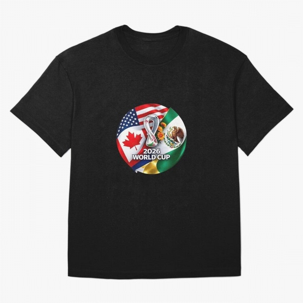 Host Trio Flags Circular Emblem Oversized T-Shirt Showcase Match Day Hype around FIFA World Cup 2026, Mbappe, England and Germany, Game Day Rituals, Football Legends, Country Pride and the Road to the Final; Ideal for Football Dads, Football Moms,