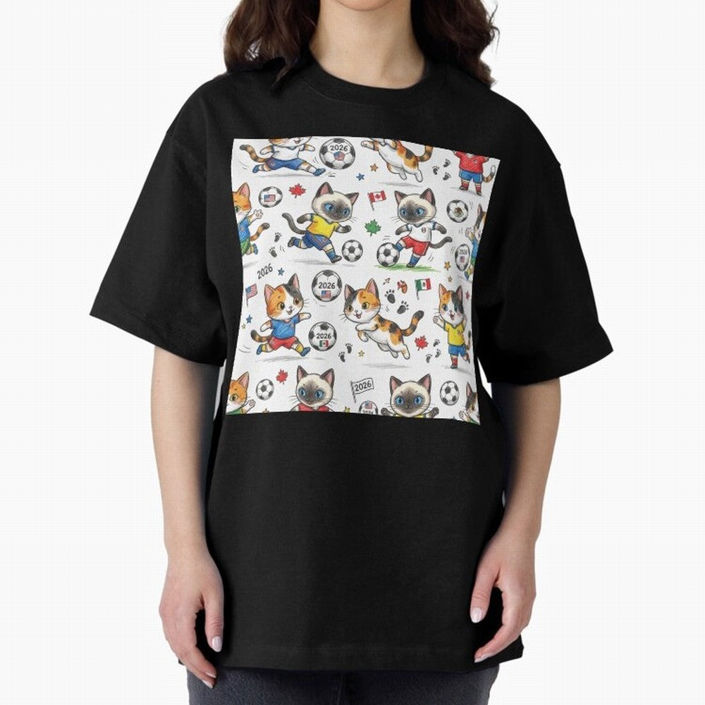 Chibi Soccer Cats 2026 - Cute Football Kittens Pattern Oversized T-Shirt Fuel Your Fan Pride for FIFA World Cup 2026 USA Canada Mexico for Fans of Neymar, Haaland and Cristiano Ronaldo and France, Bringing Classic Soccer Heritage, Championship