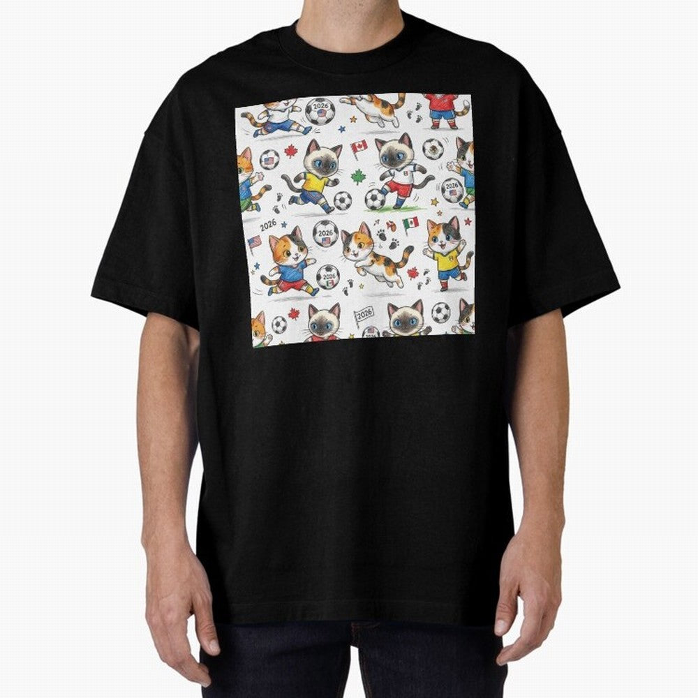 Chibi Soccer Cats 2026 - Cute Football Kittens Pattern Oversized T-Shirt Fuel Your Fan Pride for FIFA World Cup 2026 USA Canada Mexico for Fans of Neymar, Haaland and Cristiano Ronaldo and France, Bringing Classic Soccer Heritage, Championship