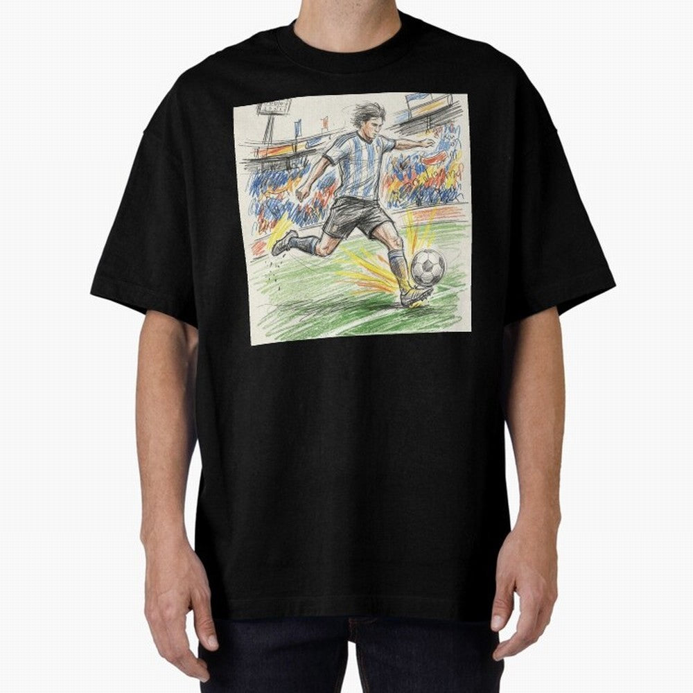 Dynamic Soccer Power Kick - Blue & White Jersey Style Oversized T-Shirt Celebrate Football Heritage in Global Football Passion for FIFA World Cup 2026 USA Canada Mexico, Made for Messi, CR7 and Mbappe, Spain and Netherlands, Match Day Excitement,