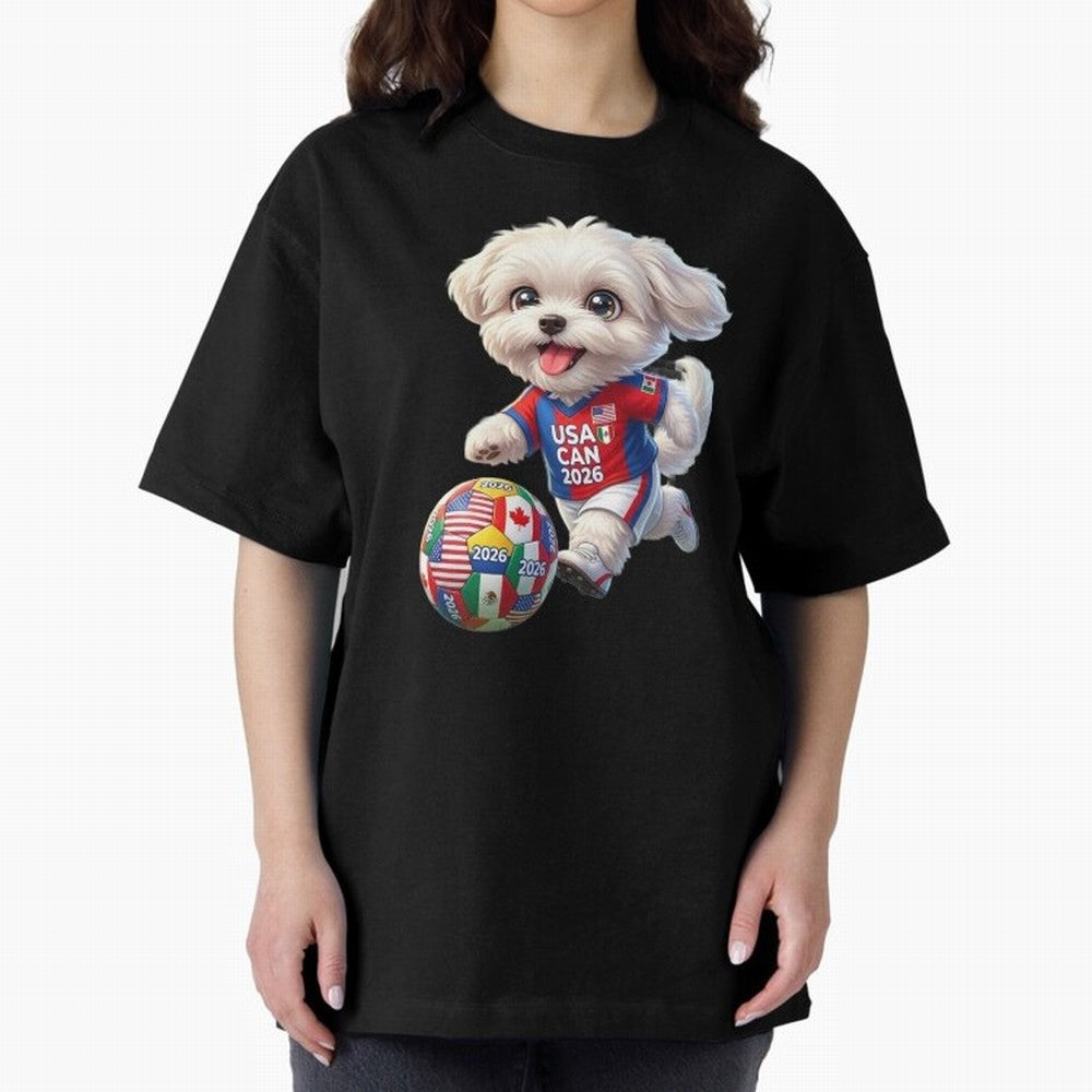 Cute Maltese Soccer Star - FIFA 2026 World Cup Edition Oversized T-Shirt Follow Match Day Hype around FIFA World Cup 2026 Group Stage, Neymar, Spain, Football Passion, Legendary Performances, Festival Vibes and Supporter Community; Perfect for