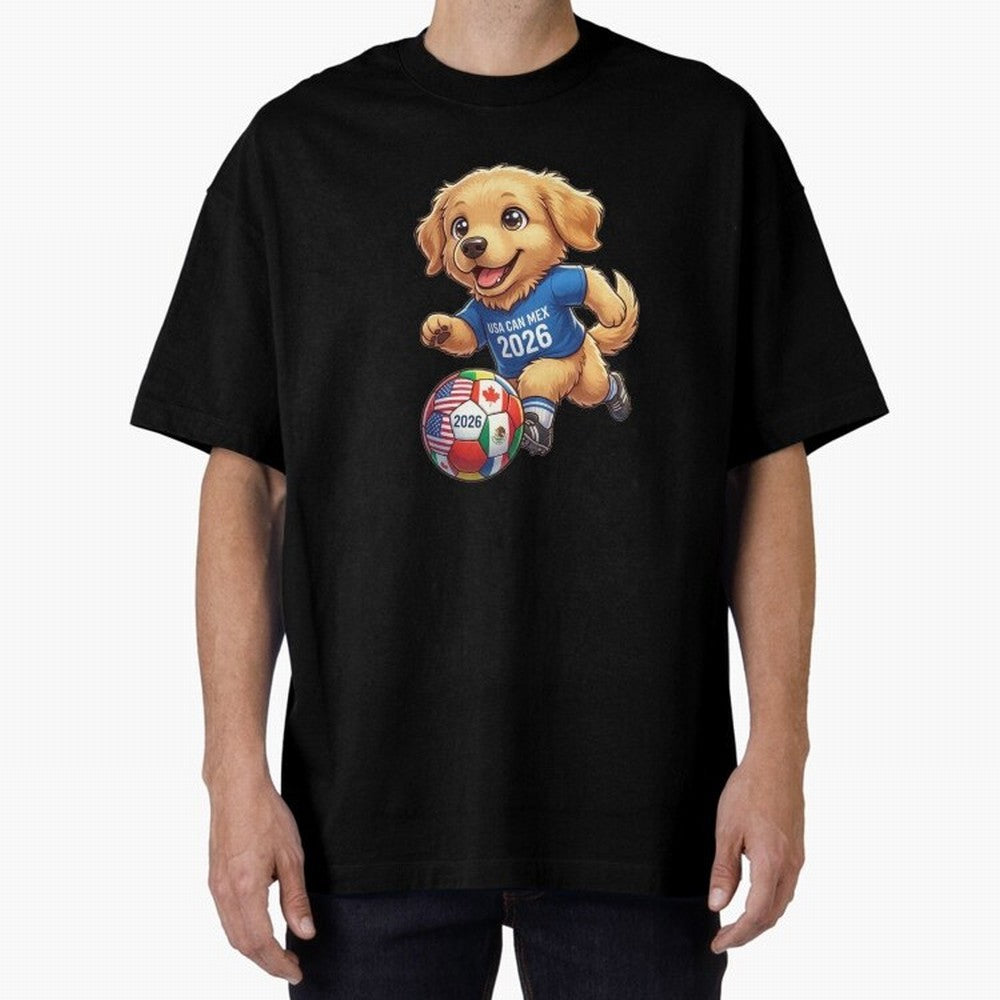 Golden Retriever Soccer Champ - World Cup 2026 Spirit Oversized T-Shirt Share the Excitement of Match Day Hype around FIFA World Cup 2026 Group Stage, Cristiano Ronaldo, Argentina and Brazil, Retro Football Energy, Iconic Rivalries, Trophy Chase