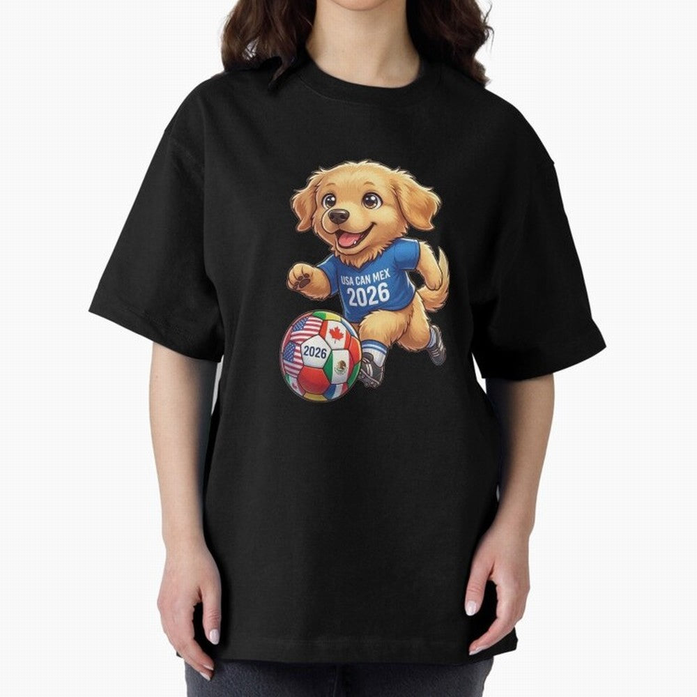 Golden Retriever Soccer Champ - World Cup 2026 Spirit Oversized T-Shirt Share the Excitement of Match Day Hype around FIFA World Cup 2026 Group Stage, Cristiano Ronaldo, Argentina and Brazil, Retro Football Energy, Iconic Rivalries, Trophy Chase