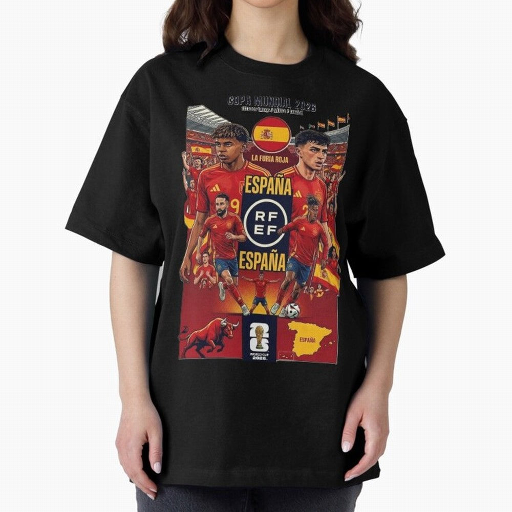 Spain 2026 ¨C La Furia Roja World Cup Poster Oversized T-Shirt Capture FIFA World Cup 2026 Group Stage Inspired by Neymar, England and Germany Energy, Worldwide Fan Energy, Dramatic Goals, Stadium Lights and Championship Celebrations; Created for