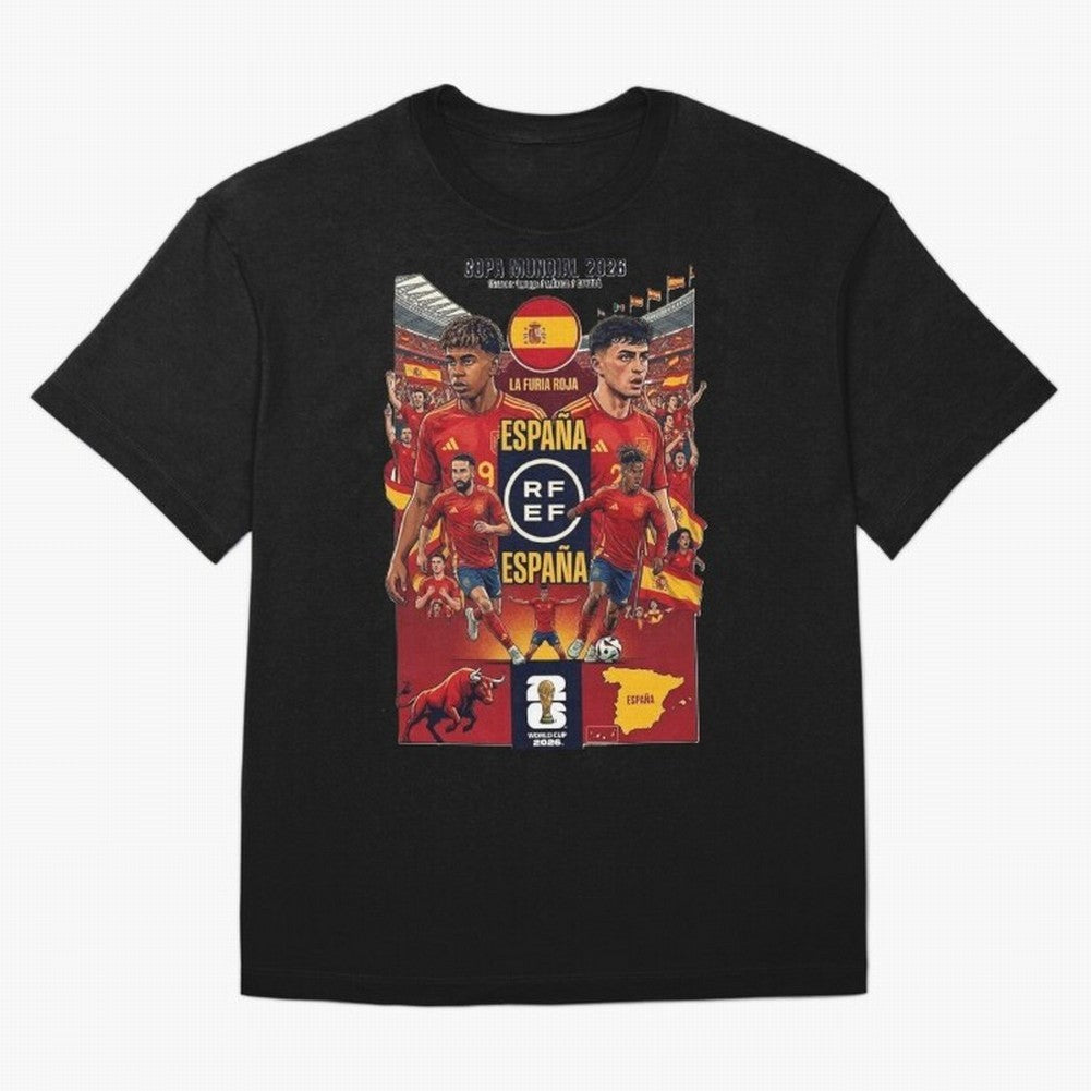 Spain 2026 ¨C La Furia Roja World Cup Poster Oversized T-Shirt Capture FIFA World Cup 2026 Group Stage Inspired by Neymar, England and Germany Energy, Worldwide Fan Energy, Dramatic Goals, Stadium Lights and Championship Celebrations; Created for