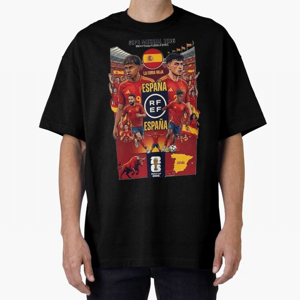Spain 2026 ¨C La Furia Roja World Cup Poster Oversized T-Shirt Capture FIFA World Cup 2026 Group Stage Inspired by Neymar, England and Germany Energy, Worldwide Fan Energy, Dramatic Goals, Stadium Lights and Championship Celebrations; Created for