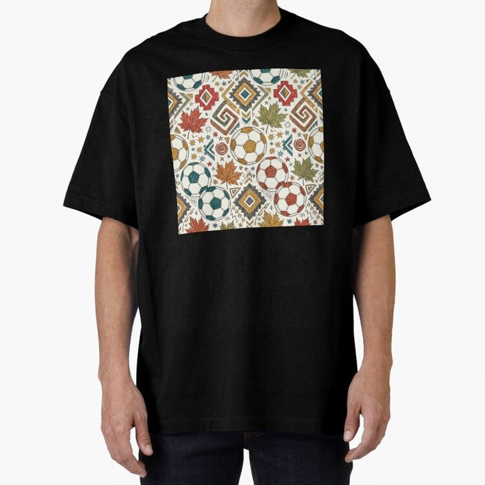 2026 World Cup Unity: Aztec & Maple Soccer Pattern Oversized T-Shirt Celebrate Rivalries and Pride in Global Football Passion for FIFA World Cup 2026 USA Canada Mexico, Connected to Haaland, Germany, Football Festival Excitement, Trophy Ambitions,