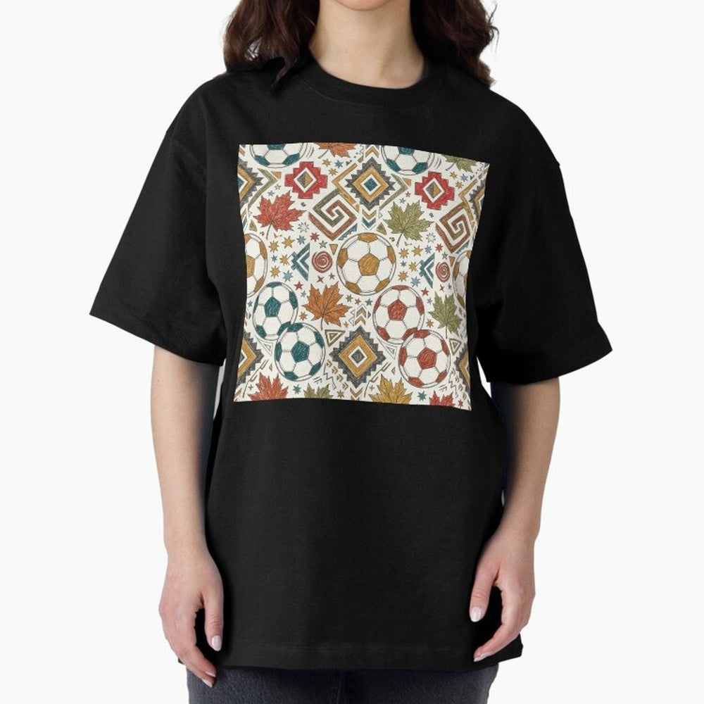 2026 World Cup Unity: Aztec & Maple Soccer Pattern Oversized T-Shirt Celebrate Rivalries and Pride in Global Football Passion for FIFA World Cup 2026 USA Canada Mexico, Connected to Haaland, Germany, Football Festival Excitement, Trophy Ambitions,