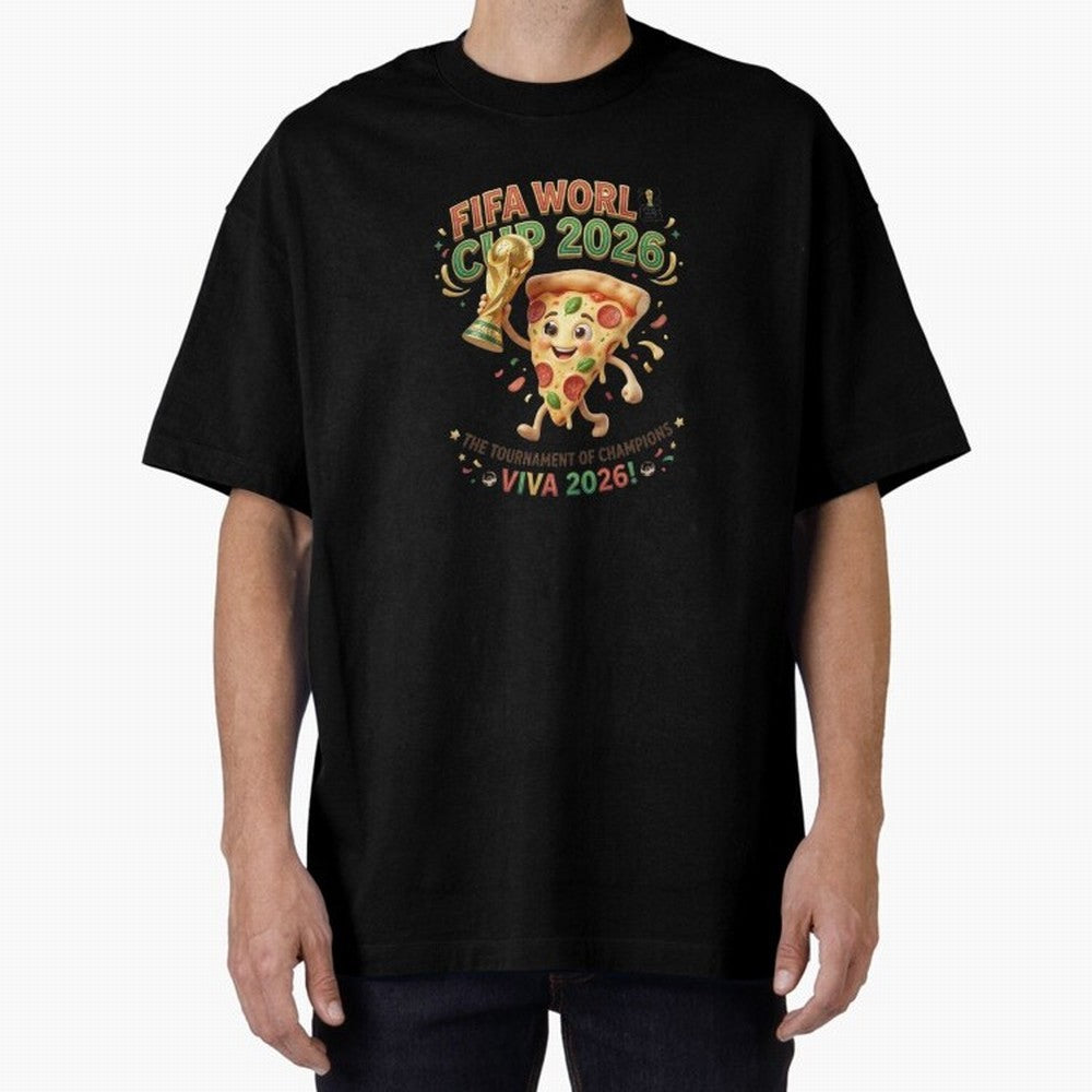 Happy Pizza Character Holding World Cup 2026 Trophy Oversized T-Shirt Make the Season About the FIFA World Cup 2026 Group Stage Journey through Mbappe and Neymar Highlights, England and Germany Pride, Football History, Final Match Energy, Crowd