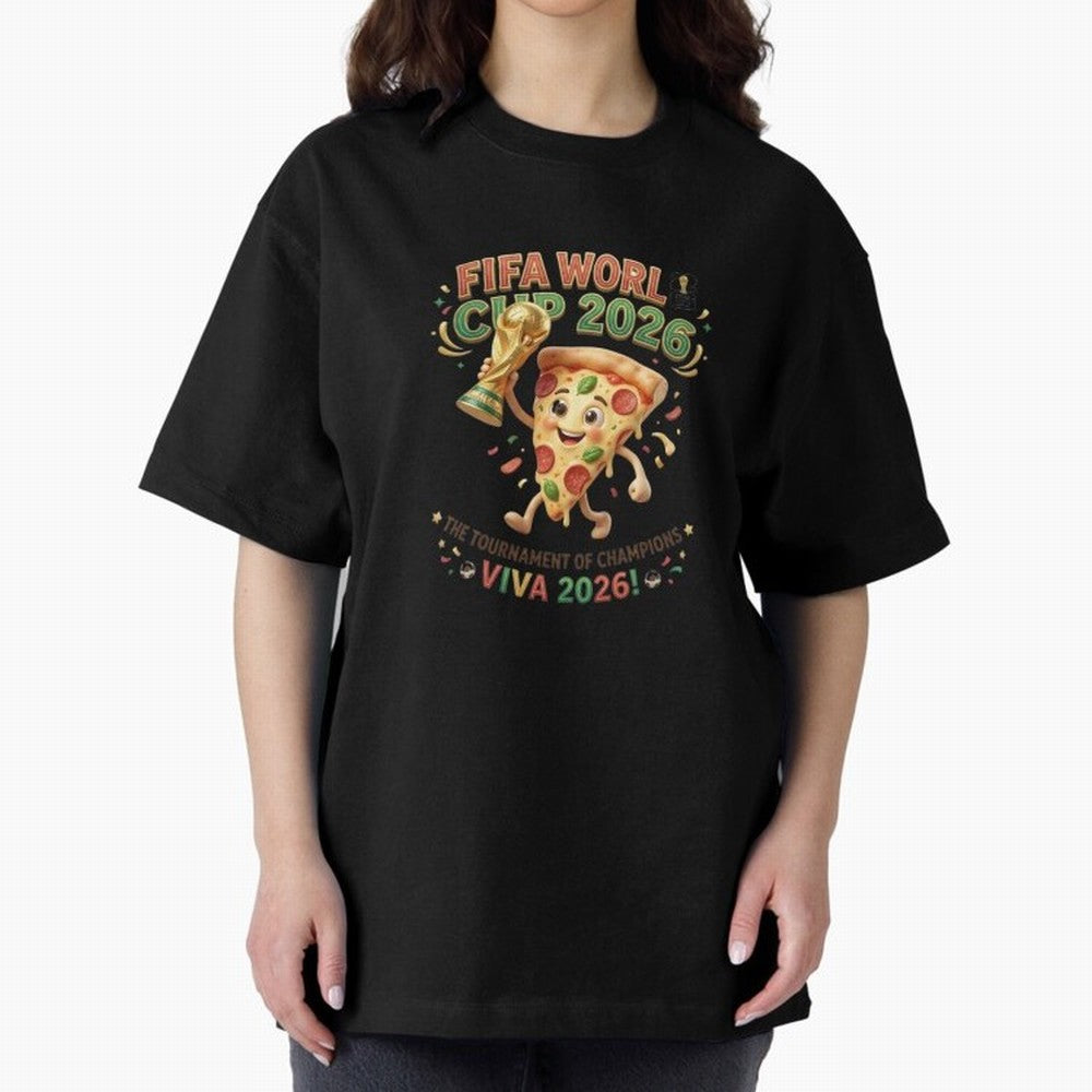 Happy Pizza Character Holding World Cup 2026 Trophy Oversized T-Shirt Make the Season About the FIFA World Cup 2026 Group Stage Journey through Mbappe and Neymar Highlights, England and Germany Pride, Football History, Final Match Energy, Crowd