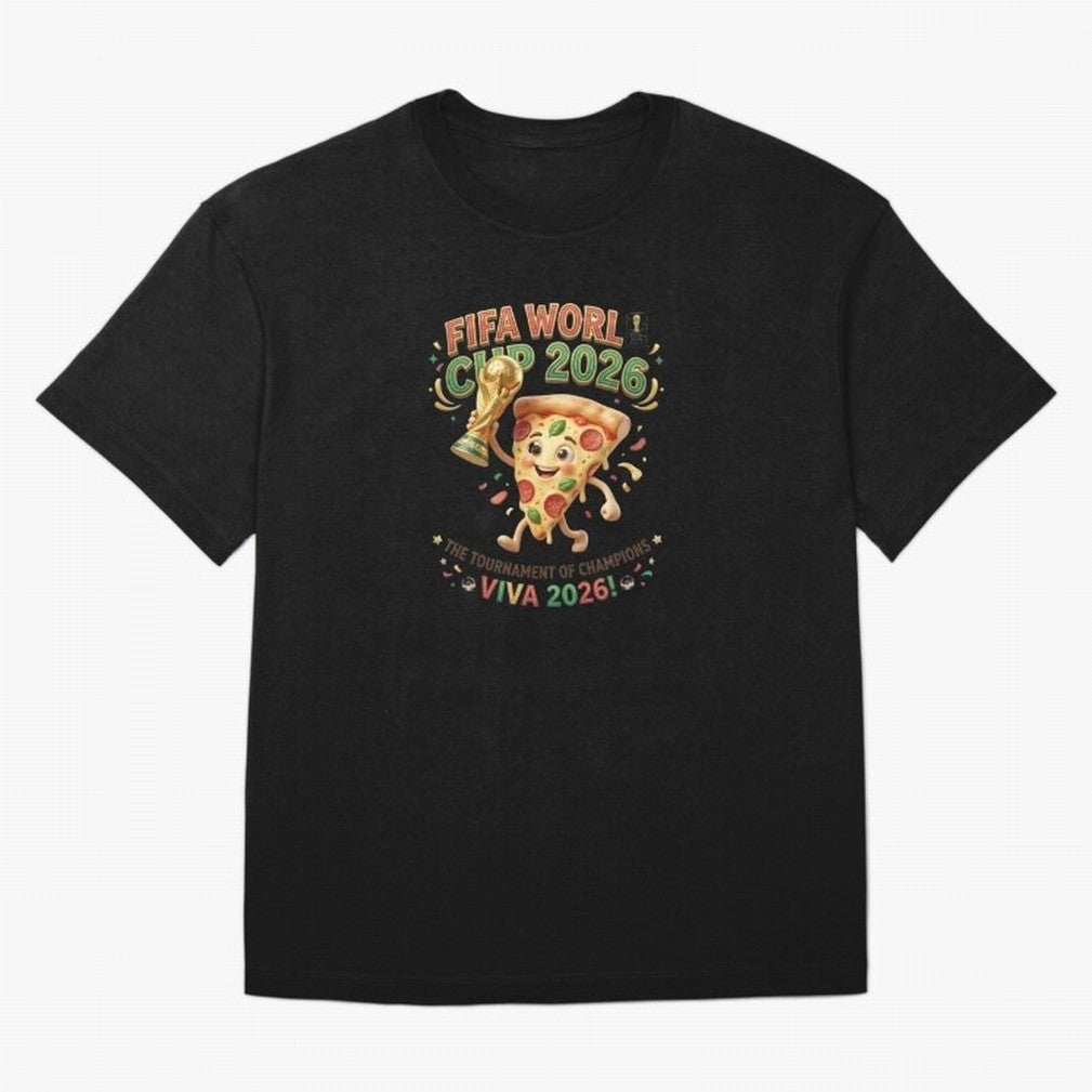 Happy Pizza Character Holding World Cup 2026 Trophy Oversized T-Shirt Make the Season About the FIFA World Cup 2026 Group Stage Journey through Mbappe and Neymar Highlights, England and Germany Pride, Football History, Final Match Energy, Crowd