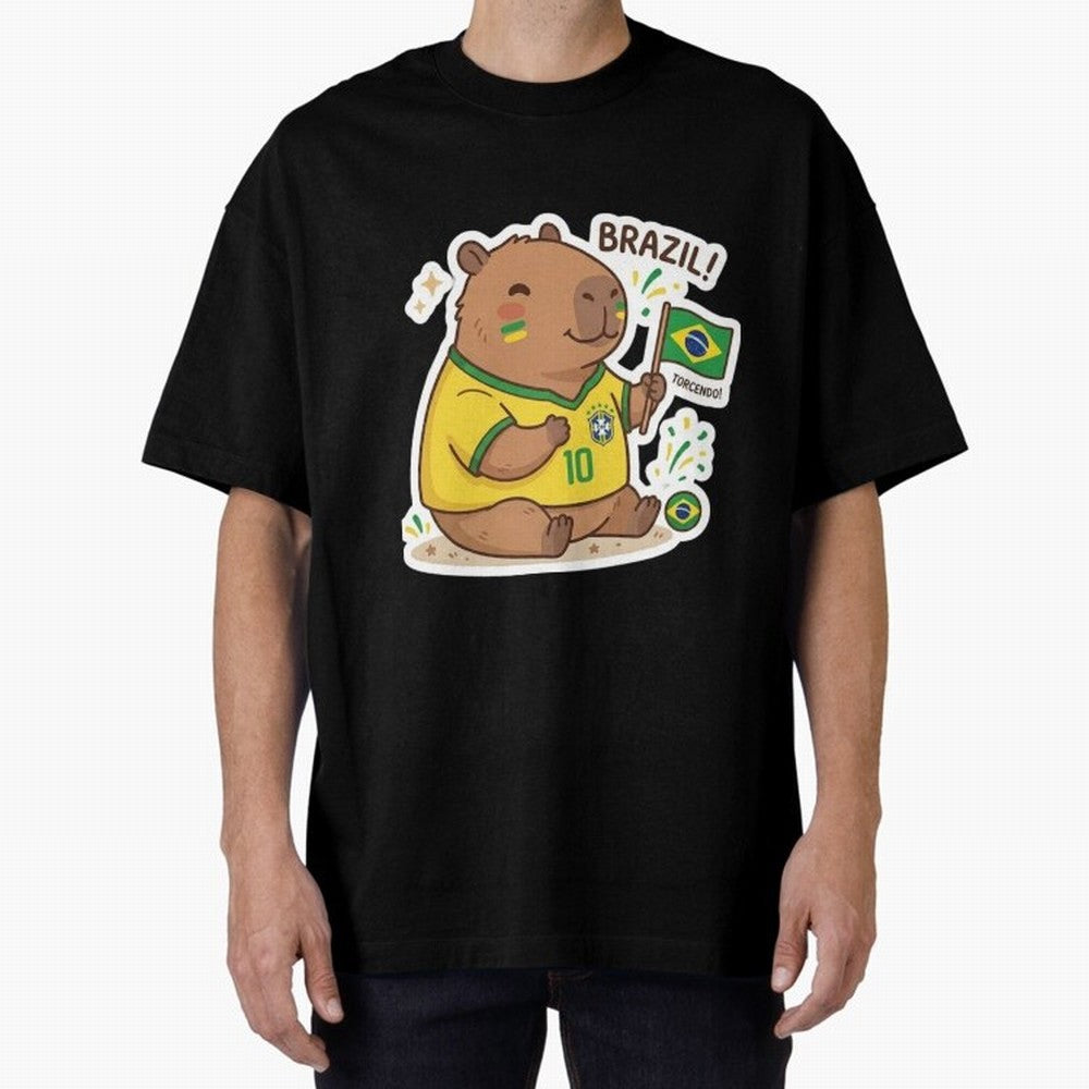 Capivara Torcedora Oversized T-Shirt Feel International Energy from FIFA World Cup 2026 USA Canada Mexico Spirit, Centered on Netherlands, Haaland and Mbappe, Championship Spirit, Famous Goals, Roaring Crowds and International Football Unity;