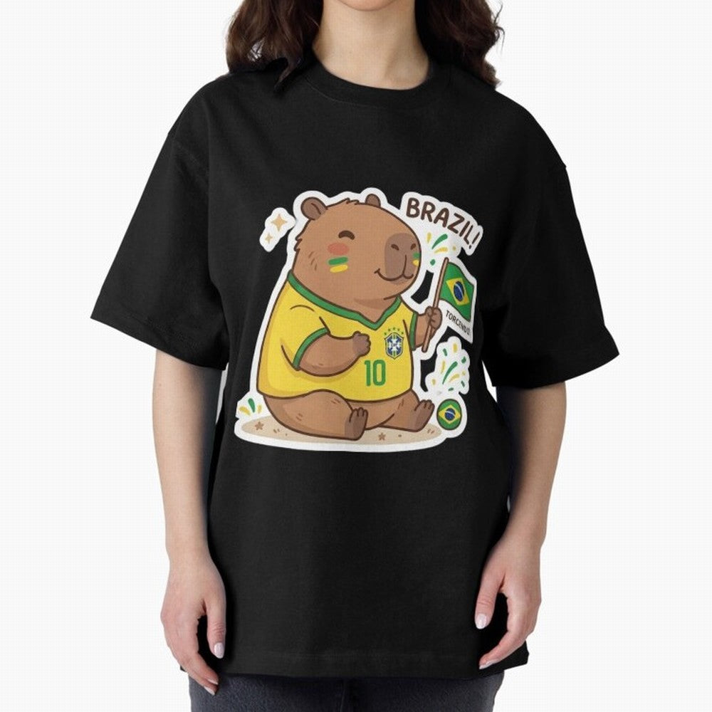 Capivara Torcedora Oversized T-Shirt Feel International Energy from FIFA World Cup 2026 USA Canada Mexico Spirit, Centered on Netherlands, Haaland and Mbappe, Championship Spirit, Famous Goals, Roaring Crowds and International Football Unity;
