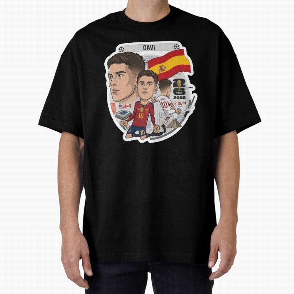 Gavi Spain National Team Football Cartoon Illustration Oversized T-Shirt Follow Global Football Passion for FIFA World Cup 2026, Featuring Messi, Neymar and Mbappe, Brazil, Portugal and Argentina, Football Passion, Legendary Performances, Festival