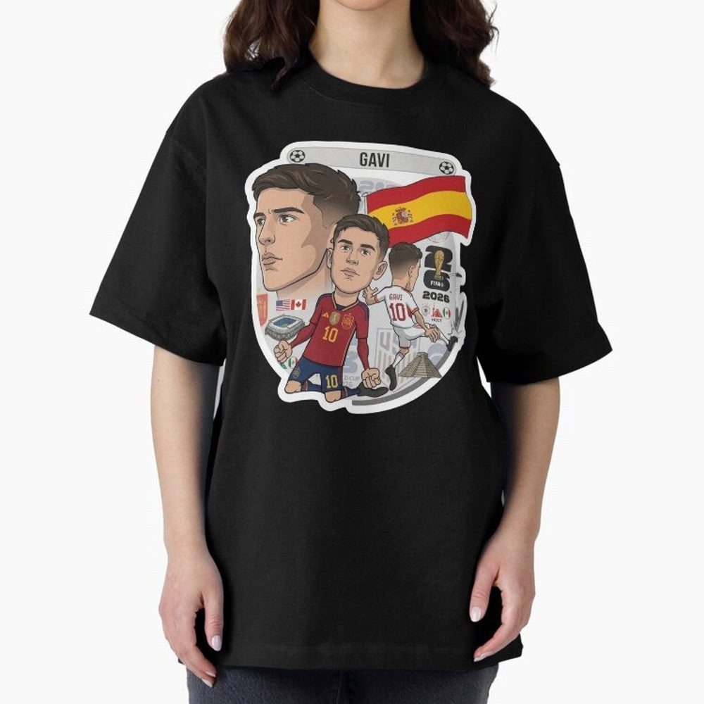 Gavi Spain National Team Football Cartoon Illustration Oversized T-Shirt Follow Global Football Passion for FIFA World Cup 2026, Featuring Messi, Neymar and Mbappe, Brazil, Portugal and Argentina, Football Passion, Legendary Performances, Festival