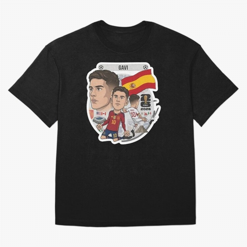 Gavi Spain National Team Football Cartoon Illustration Oversized T-Shirt Follow Global Football Passion for FIFA World Cup 2026, Featuring Messi, Neymar and Mbappe, Brazil, Portugal and Argentina, Football Passion, Legendary Performances, Festival