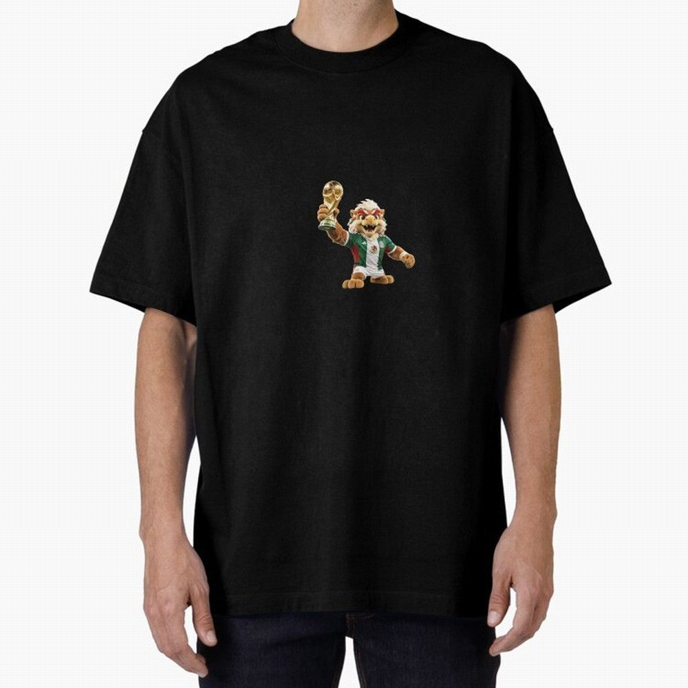Mexico Soccer Mascot Champion - Mexican Football Victory Trophy 2026 Oversized T-Shirt Join Supporters Worldwide for FIFA World Cup 2026 Group Stage Spirit, Celebrating Argentina and Brazil, Messi, CR7 and Mbappe, Retro Football Energy, Iconic