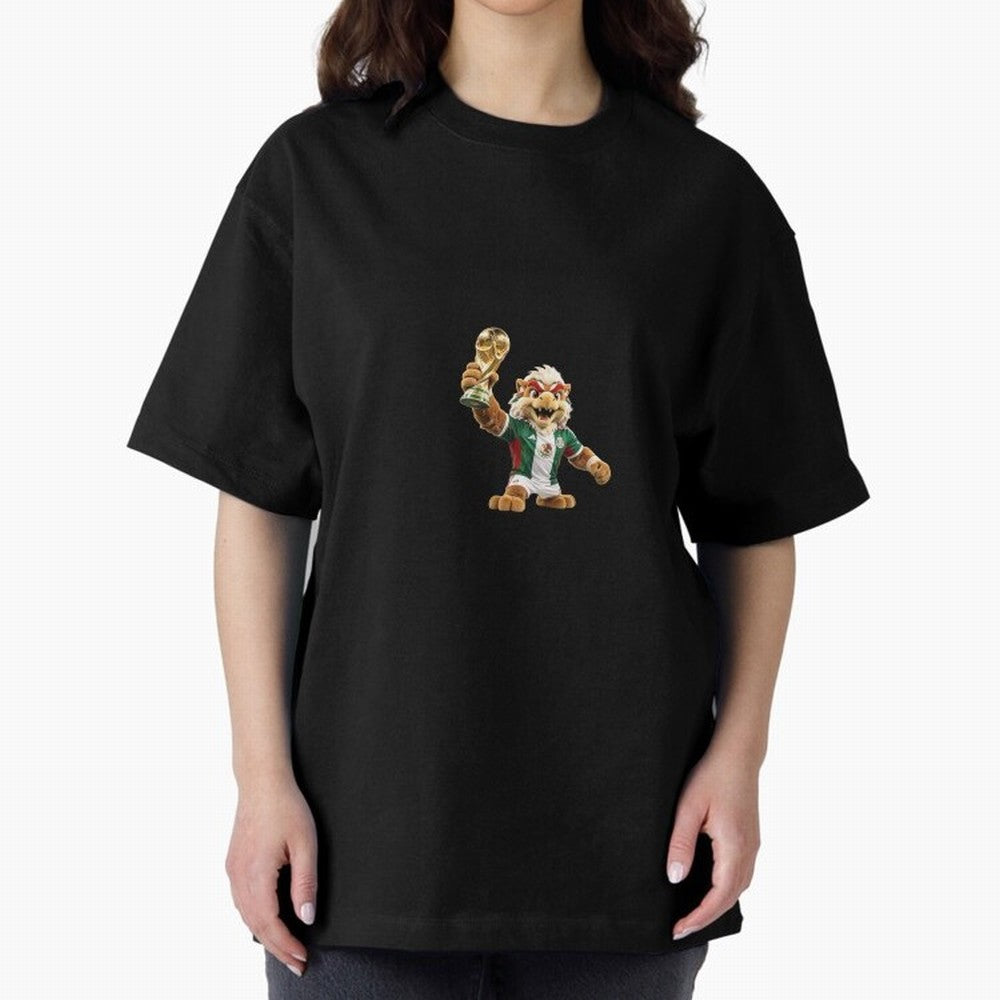 Mexico Soccer Mascot Champion - Mexican Football Victory Trophy 2026 Oversized T-Shirt Join Supporters Worldwide for FIFA World Cup 2026 Group Stage Spirit, Celebrating Argentina and Brazil, Messi, CR7 and Mbappe, Retro Football Energy, Iconic