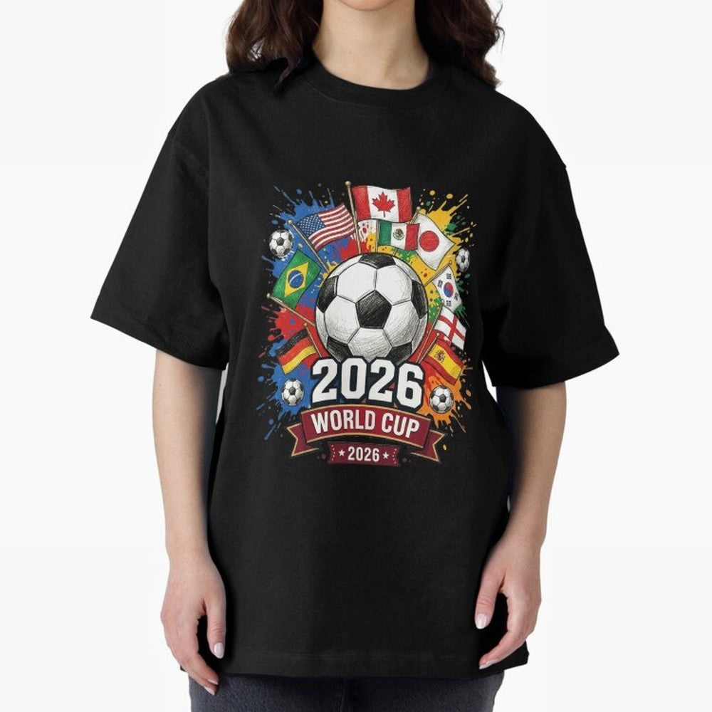 2026 World Cup Soccer Flags Graphic Oversized T-Shirt Celebrate the Next Chapter of the FIFA World Cup 2026 Journey through Messi, Neymar and Mbappe Highlights, Argentina and Brazil Pride, Tournament Hype, Historic Matchups, Family Viewing Parties