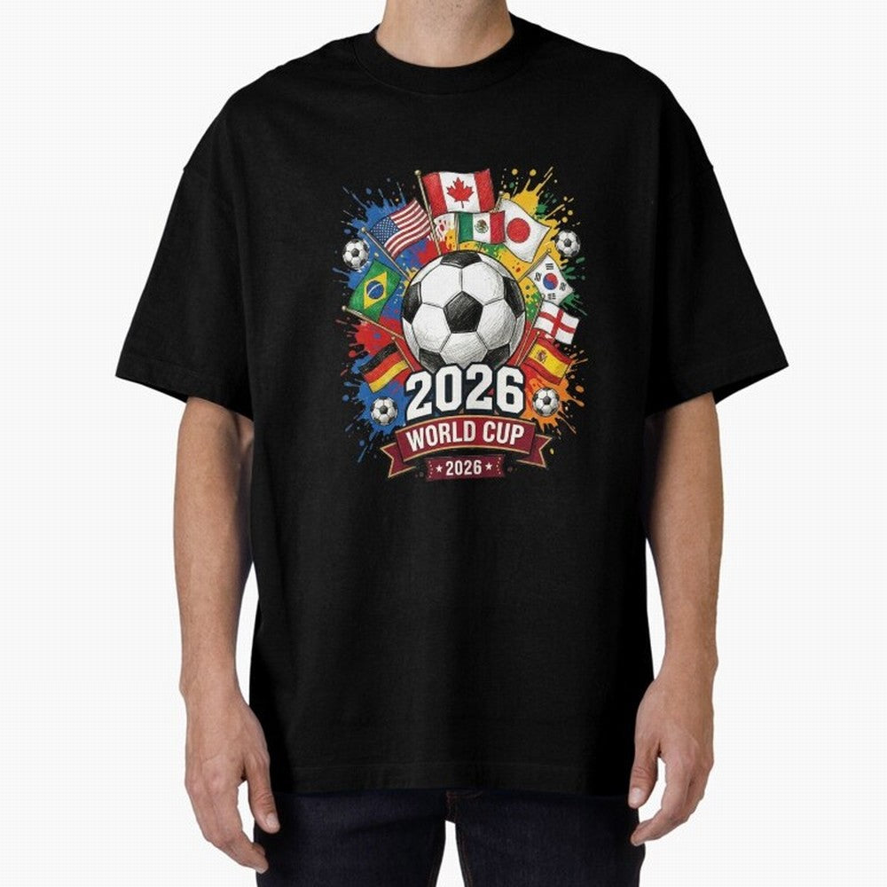 2026 World Cup Soccer Flags Graphic Oversized T-Shirt Celebrate the Next Chapter of the FIFA World Cup 2026 Journey through Messi, Neymar and Mbappe Highlights, Argentina and Brazil Pride, Tournament Hype, Historic Matchups, Family Viewing Parties