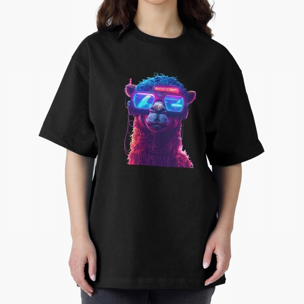 Cyberpunk Llama with Neon Soccer Vibes Oversized T-Shirt Enjoy Match Day Hype around FIFA World Cup 2026 Group Stage, Messi, CR7 and Mbappe, Netherlands, Global Supporter Spirit, Legendary Goals, National Colors and Tournament Celebration; Perfect