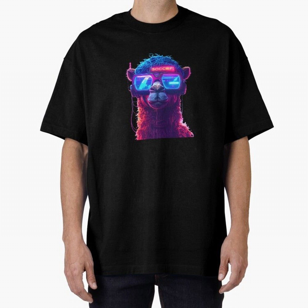 Cyberpunk Llama with Neon Soccer Vibes Oversized T-Shirt Enjoy Match Day Hype around FIFA World Cup 2026 Group Stage, Messi, CR7 and Mbappe, Netherlands, Global Supporter Spirit, Legendary Goals, National Colors and Tournament Celebration; Perfect