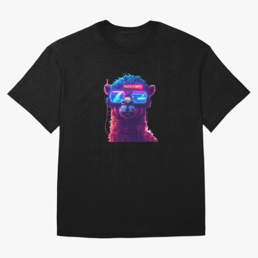 Cyberpunk Llama with Neon Soccer Vibes Oversized T-Shirt Enjoy Match Day Hype around FIFA World Cup 2026 Group Stage, Messi, CR7 and Mbappe, Netherlands, Global Supporter Spirit, Legendary Goals, National Colors and Tournament Celebration; Perfect