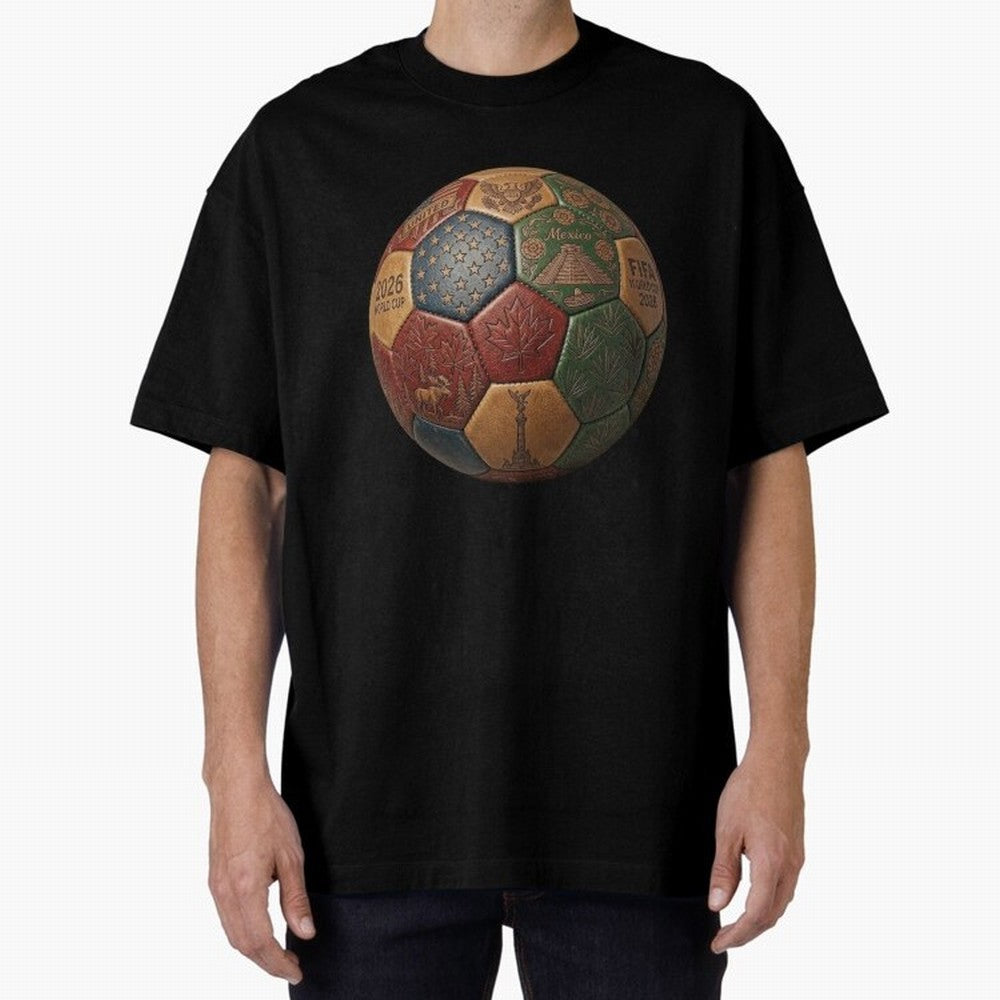 Artistic Ball for the 2026 World Cup ¨C USA, Mexico & Canada Football Design Oversized T-Shirt Celebrate the Stars of the FIFA World Cup 2026 Group Stage Journey through Neymar, Haaland and Cristiano Ronaldo Highlights, Spain and Netherlands Pride,