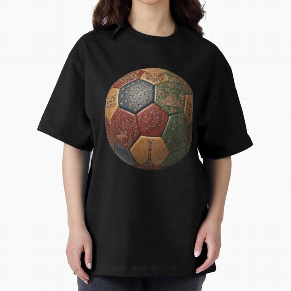 Artistic Ball for the 2026 World Cup ¨C USA, Mexico & Canada Football Design Oversized T-Shirt Celebrate the Stars of the FIFA World Cup 2026 Group Stage Journey through Neymar, Haaland and Cristiano Ronaldo Highlights, Spain and Netherlands Pride,